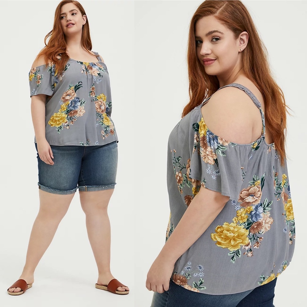 Torrid Floral Crinkle Gauze Cold Shoulder Blouse Size 1